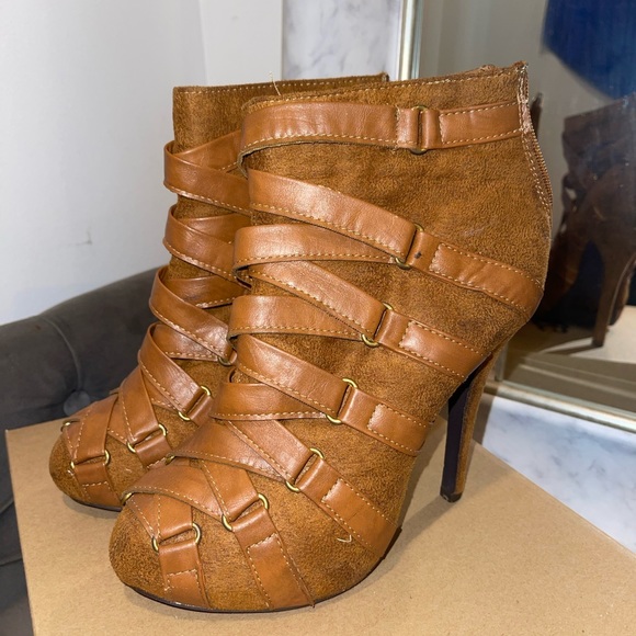 Shoes - Suede Tan Strippy Booties